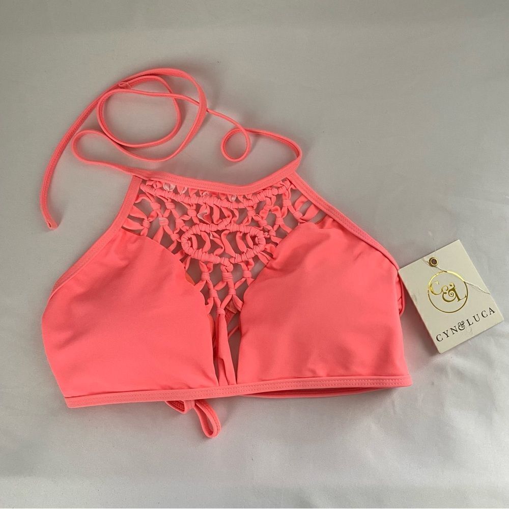 Cyn & Luca Women’s High Macrame Neck Pink Bikini Top size S